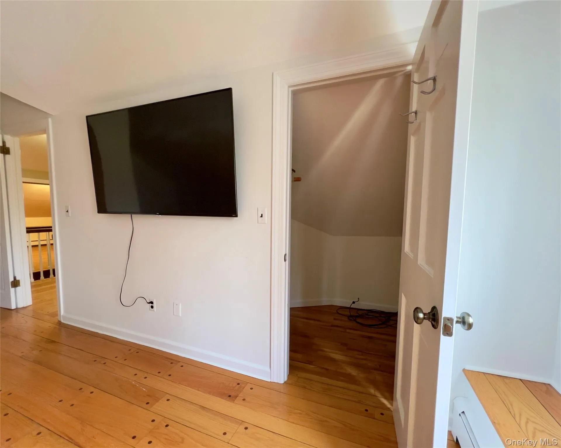 Large primary bedroom with hardwood floors, lofted ceiling, spacious closets and a baseboard heating unit Large primary bedroom with hardwood floors, lofted ceiling, spacious closets and a baseboard heating unit
