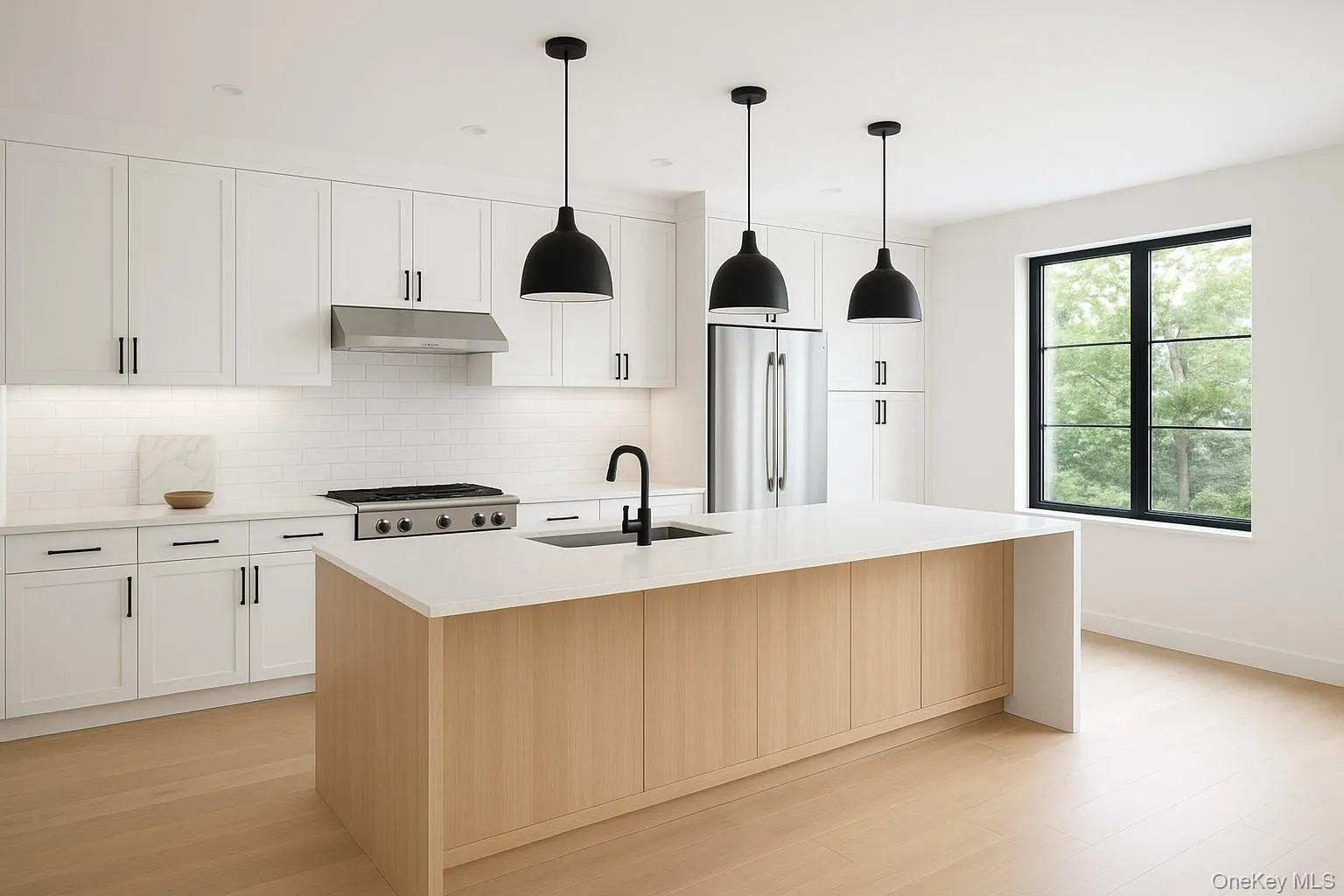 Kitchen featuring tasteful backsplash, stainless steel refrigerator, decorative light fixtures, and light stone countertops Kitchen featuring tasteful backsplash, stainless steel refrigerator, decorative light fixtures, and light stone countertops