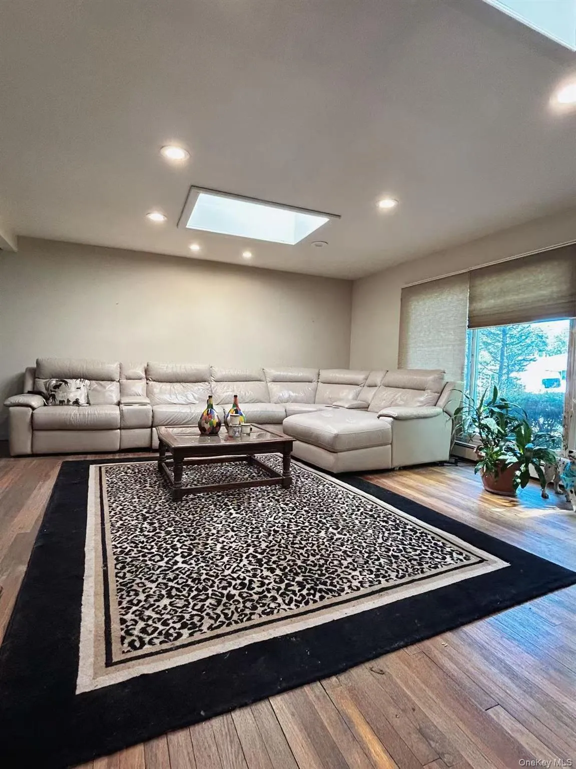 Living area with a skylight, wood-type flooring, and recessed lighting Living area with a skylight, wood-type flooring, and recessed lighting