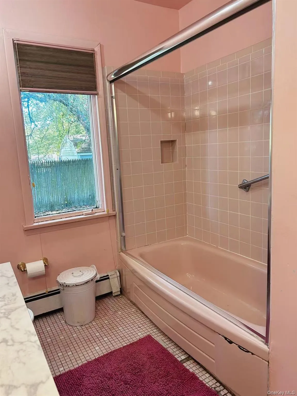 Bathroom with shower / bathtub combination, a baseboard radiator, tile patterned floors, and vanity Bathroom with shower / bathtub combination, a baseboard radiator, tile patterned floors, and vanity