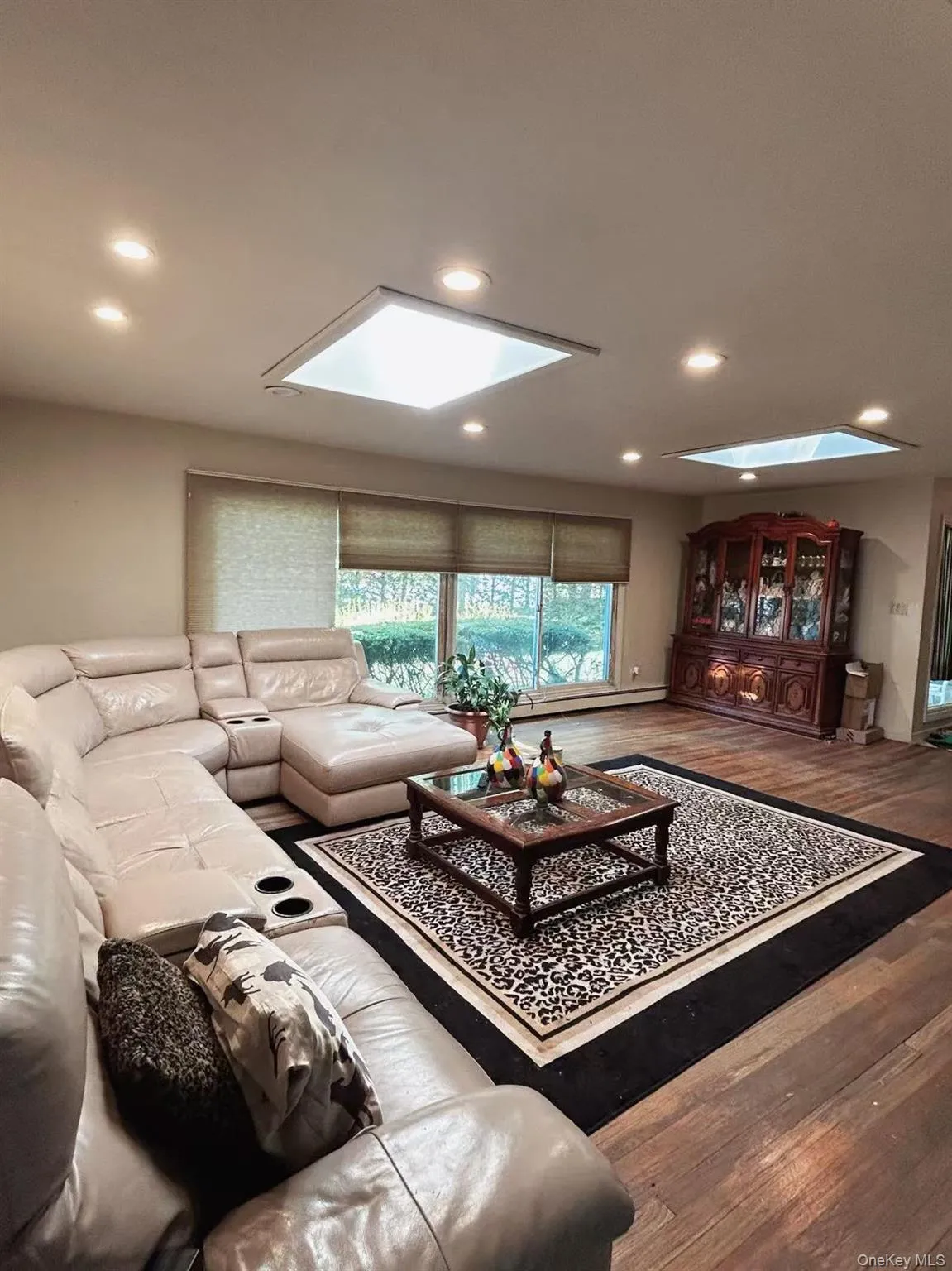 Living area with a skylight, wood finished floors, recessed lighting, and a baseboard radiator Living area with a skylight, wood finished floors, recessed lighting, and a baseboard radiator