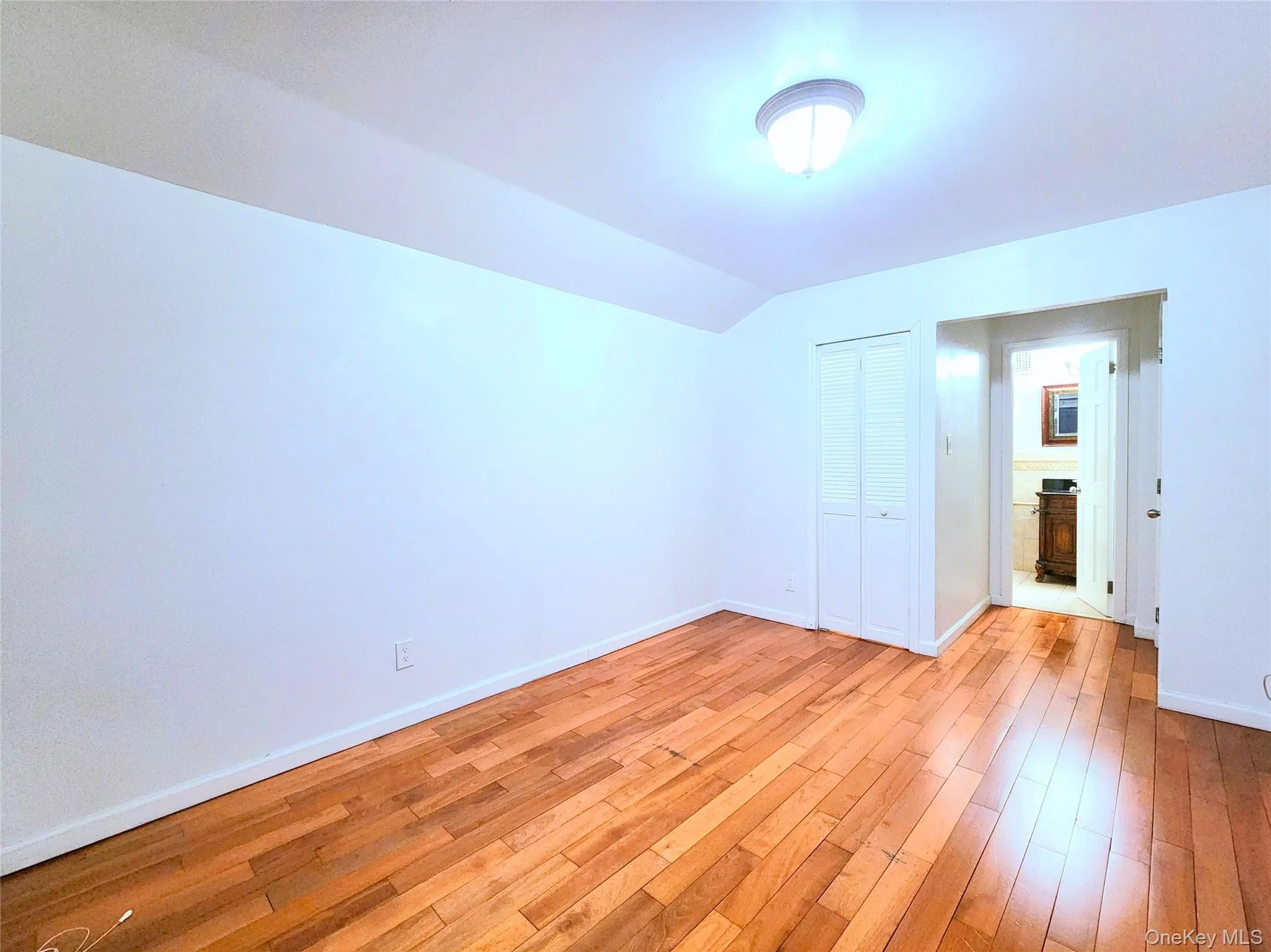 Unfurnished bedroom featuring vaulted ceiling, hardwood / wood-style floors, and a closet Unfurnished bedroom featuring vaulted ceiling, hardwood / wood-style floors, and a closet