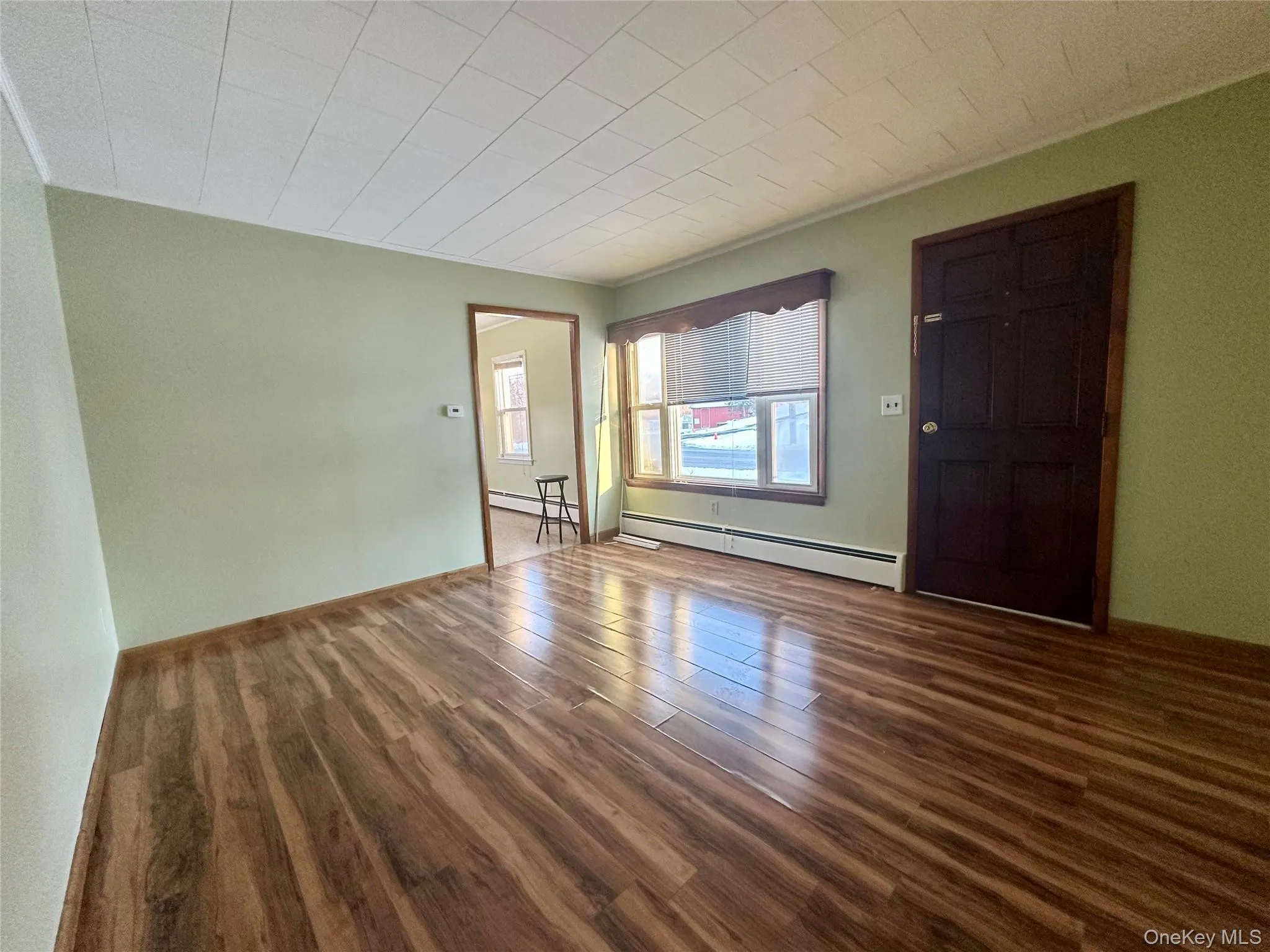 Unfurnished room featuring baseboard heating and dark wood-style floors Unfurnished room featuring baseboard heating and dark wood-style floors