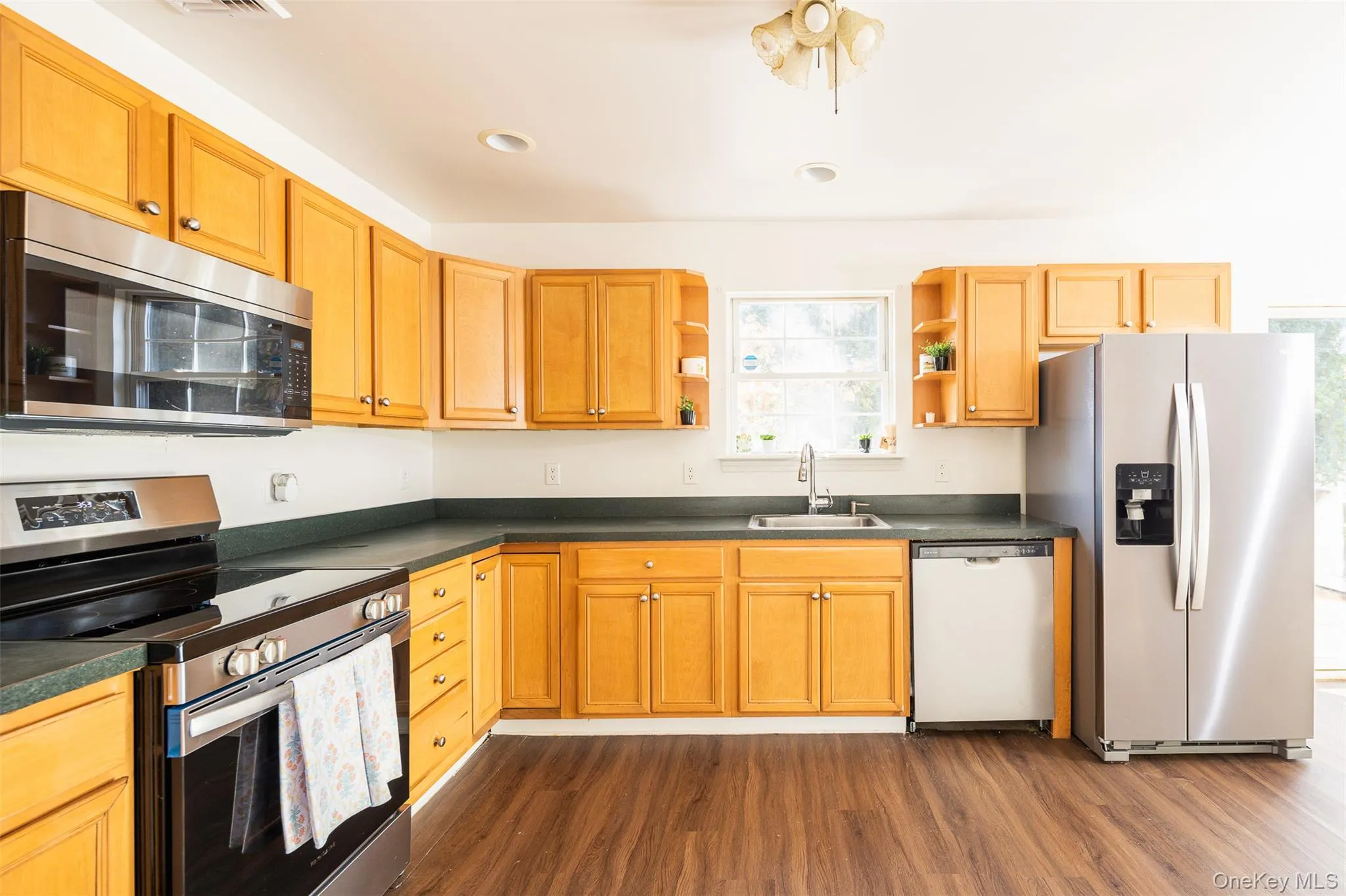 Kitchen with appliances with stainless steel finishes, dark wood-style flooring, open shelves, dark countertops, and recessed lighting Kitchen with appliances with stainless steel finishes, dark wood-style flooring, open shelves, dark countertops, and recessed lighting