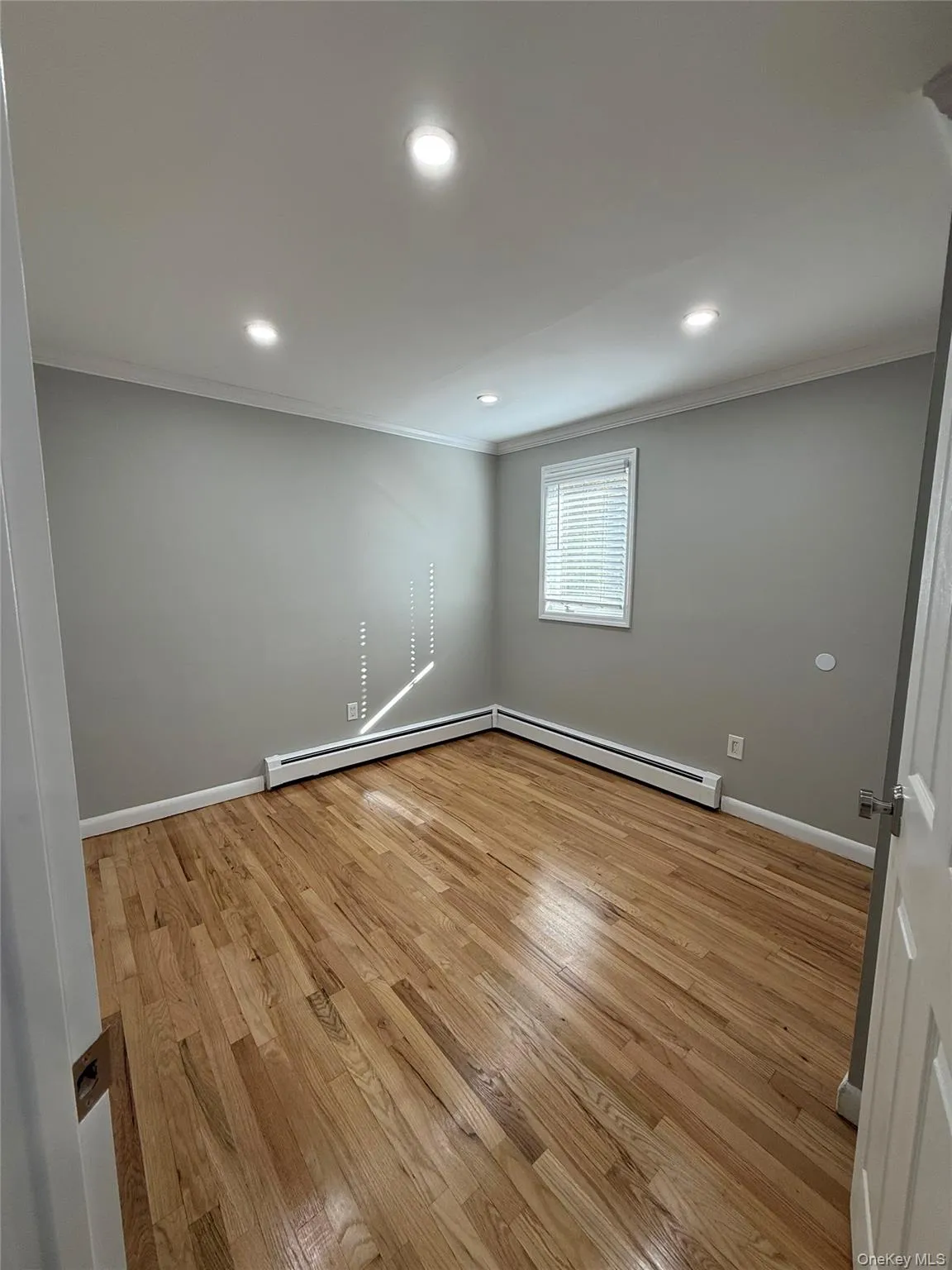 Spare room featuring crown molding, light wood-style floors, recessed lighting, and baseboard heating Spare room featuring crown molding, light wood-style floors, recessed lighting, and baseboard heating