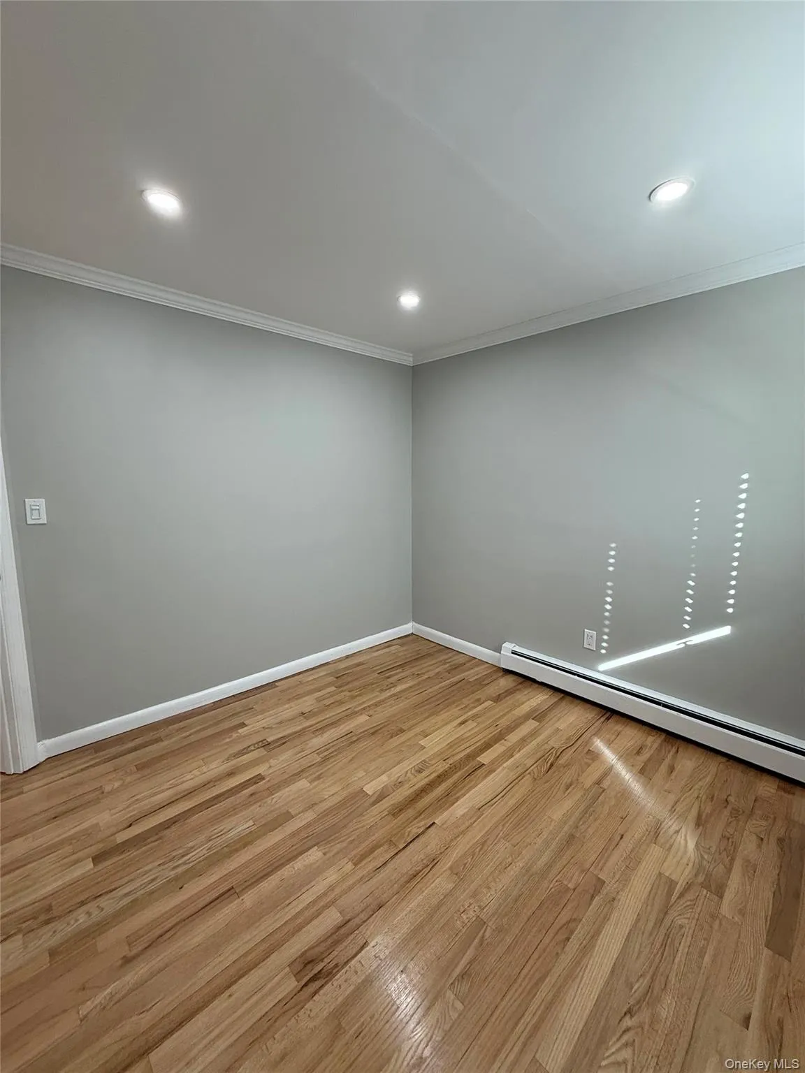Spare room with light wood-style flooring, baseboard heating, crown molding, and recessed lighting Spare room with light wood-style flooring, baseboard heating, crown molding, and recessed lighting