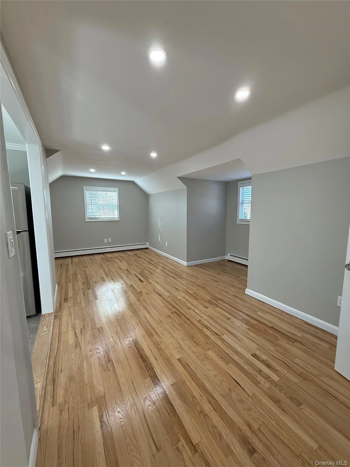 Bonus room featuring light wood-style flooring, plenty of natural light, vaulted ceiling, recessed lighting, and a baseboard radiator Bonus room featuring light wood-style flooring, plenty of natural light, vaulted ceiling, recessed lighting, and a baseboard radiator