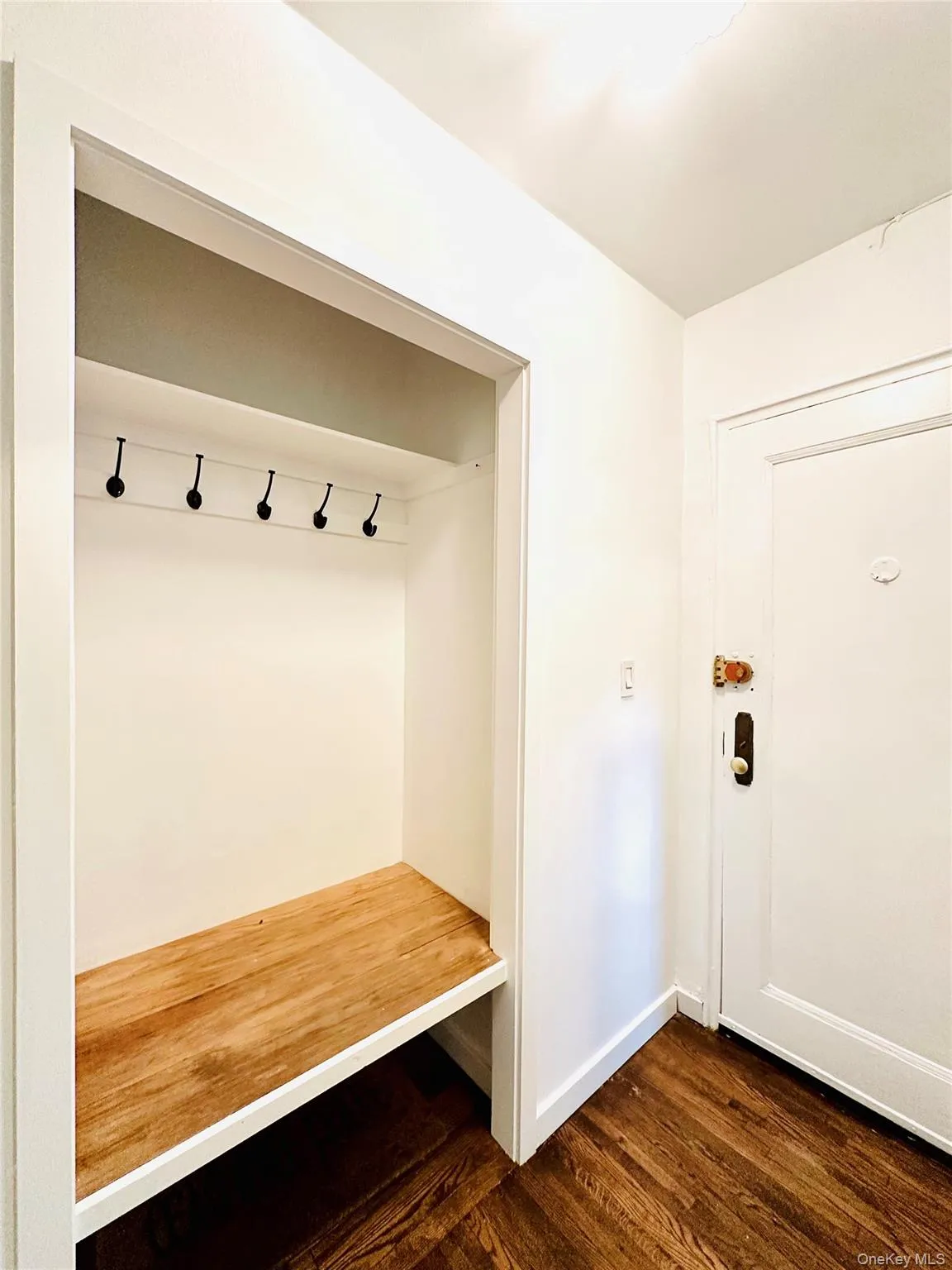 Mudroom featuring dark wood-style flooring and baseboards Mudroom featuring dark wood-style flooring and baseboards