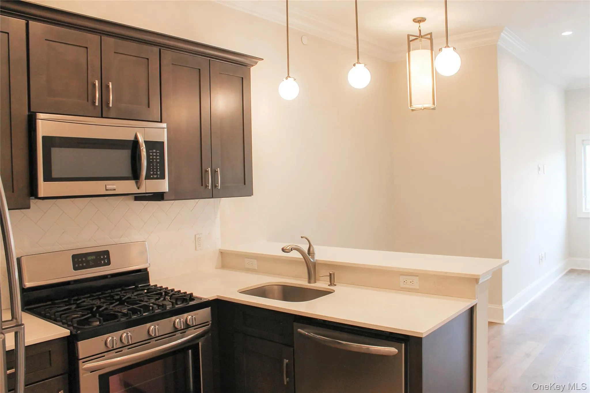 Kitchen featuring appliances with stainless steel finishes, dark brown cabinetry, crown molding, light wood-style floors, and pendant lighting Kitchen featuring appliances with stainless steel finishes, dark brown cabinetry, crown molding, light wood-style floors, and pendant lighting