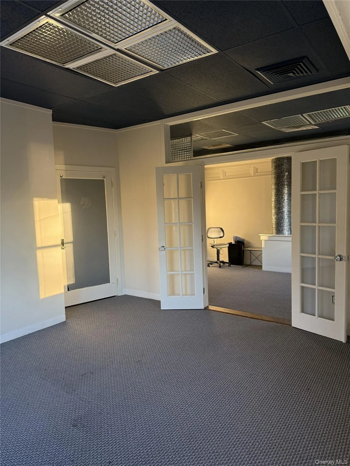 Carpeted spare room featuring french doors and baseboards Carpeted spare room featuring french doors and baseboards