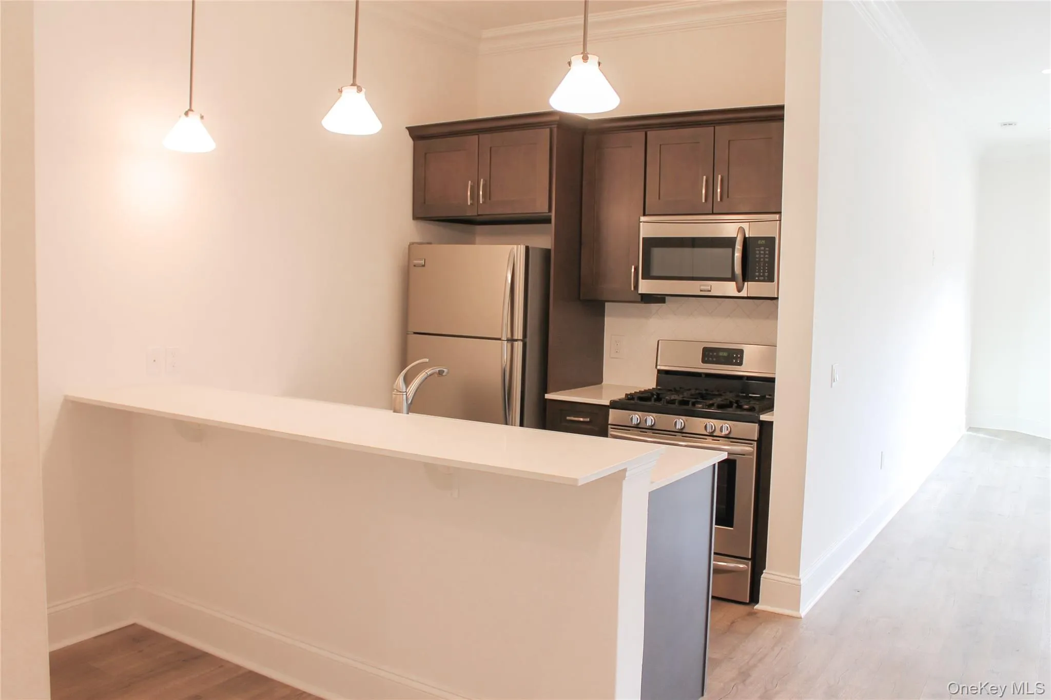 Kitchen featuring appliances with stainless steel finishes, a peninsula, light wood-style flooring, ornamental molding, and dark brown cabinetry Kitchen featuring appliances with stainless steel finishes, a peninsula, light wood-style flooring, ornamental molding, and dark brown cabinetry