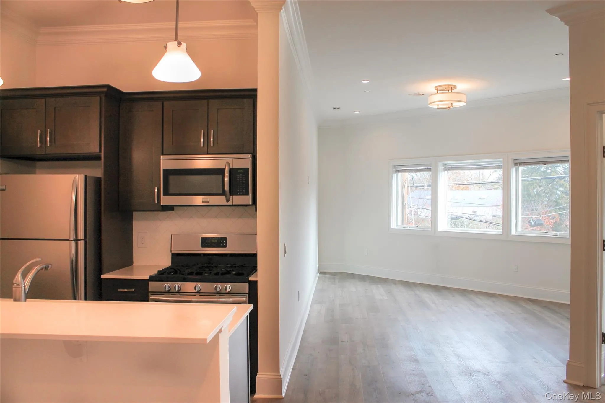Kitchen with ornamental molding, stainless steel appliances, backsplash, dark brown cabinetry, and light wood-style flooring Kitchen with ornamental molding, stainless steel appliances, backsplash, dark brown cabinetry, and light wood-style flooring