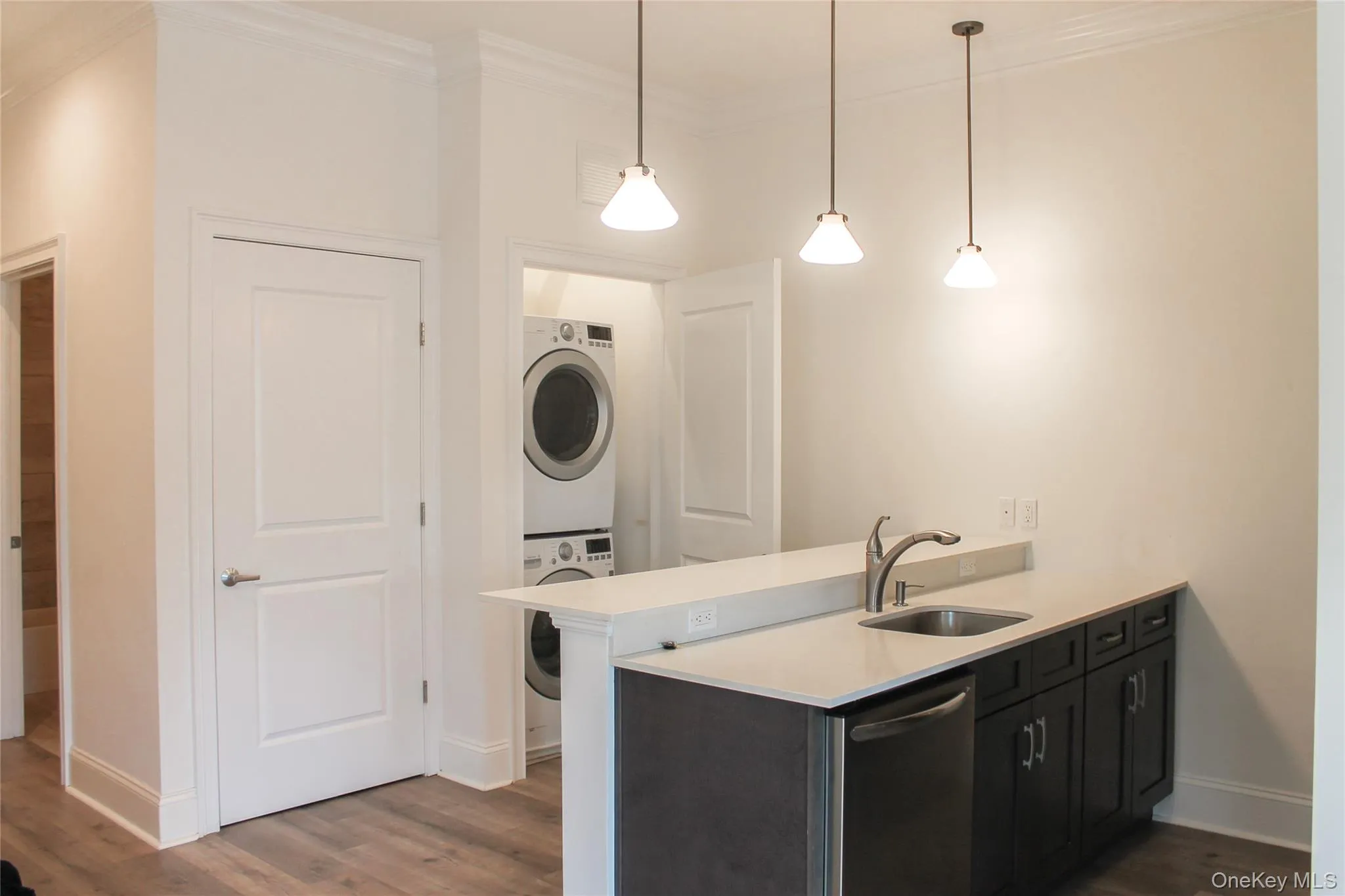 Kitchen with a peninsula, decorative light fixtures, dark wood finished floors, stainless steel dishwasher, and ornamental molding Kitchen with a peninsula, decorative light fixtures, dark wood finished floors, stainless steel dishwasher, and ornamental molding