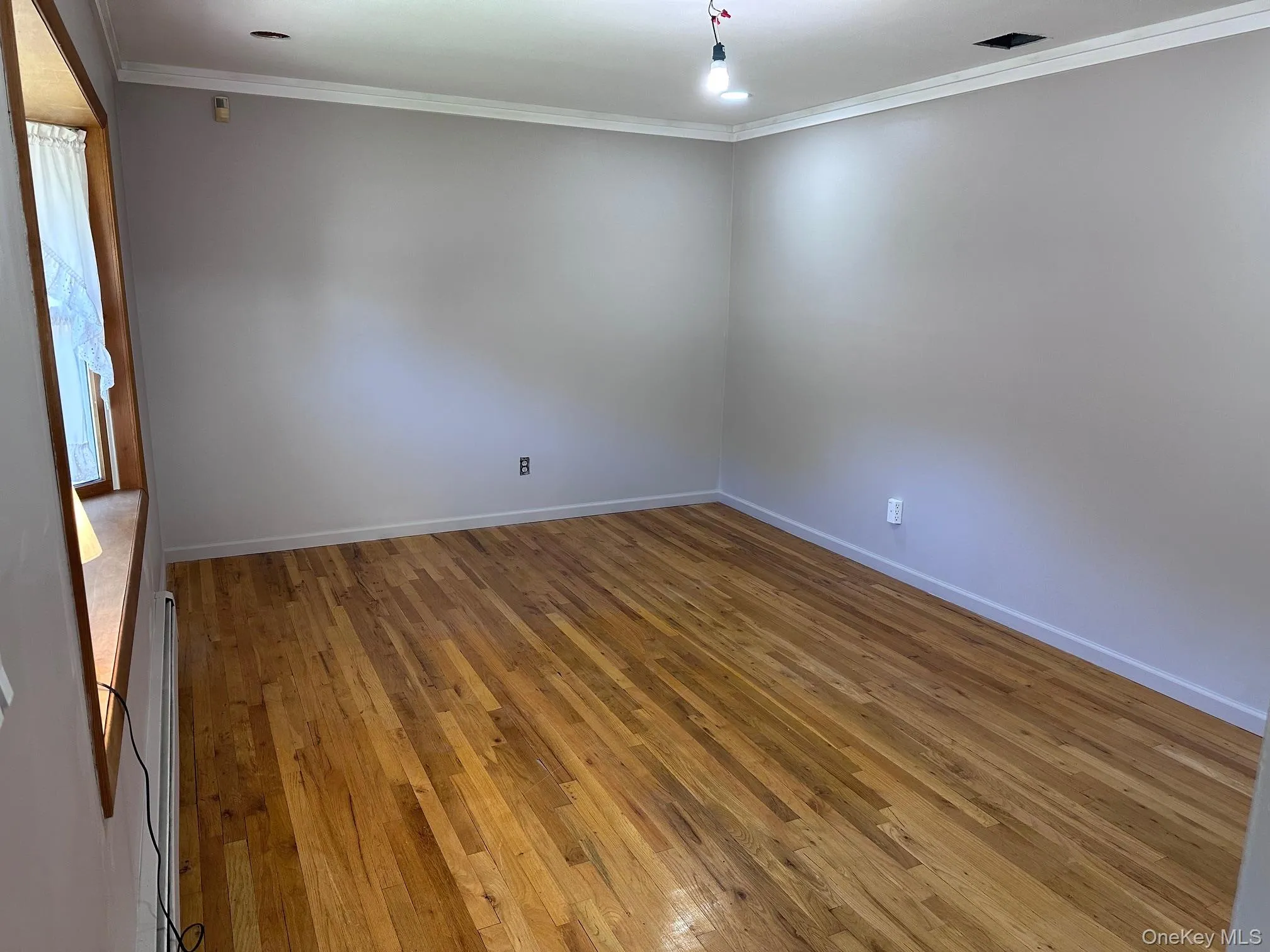 Unfurnished room with hardwood / wood-style flooring, ornamental molding, and a baseboard heating unit Unfurnished room with hardwood / wood-style flooring, ornamental molding, and a baseboard heating unit