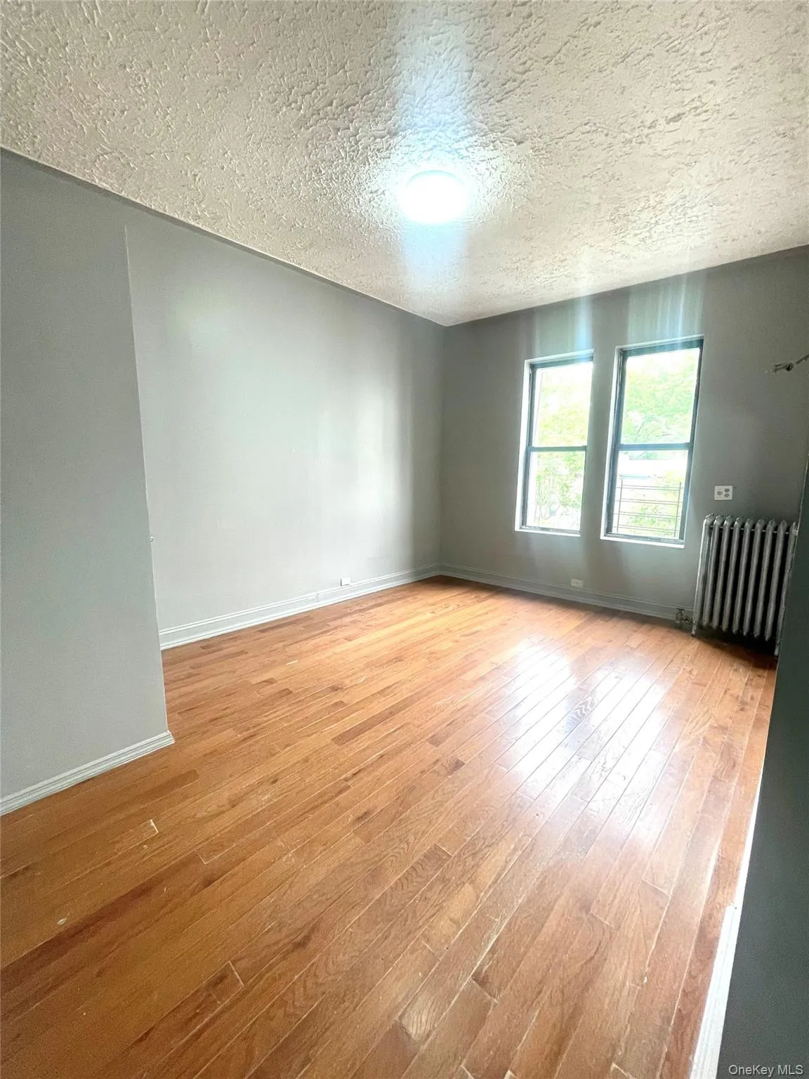 Spare room featuring light wood-style flooring, radiator, and a textured ceiling Spare room featuring light wood-style flooring, radiator, and a textured ceiling
