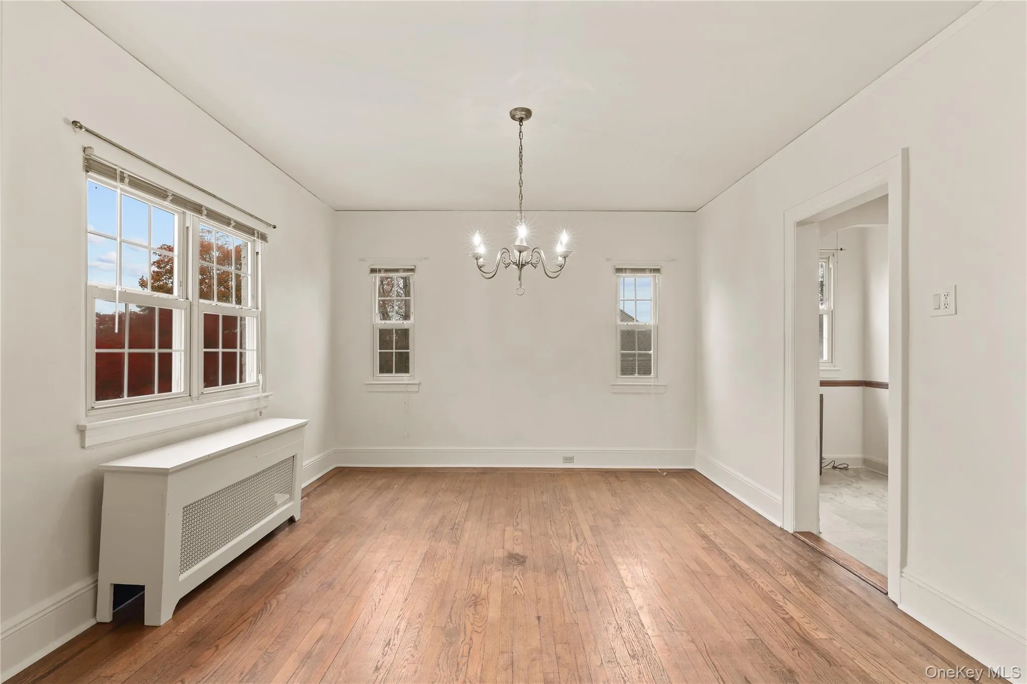 Unfurnished dining area with radiator, light wood finished floors, and a chandelier Unfurnished dining area with radiator, light wood finished floors, and a chandelier