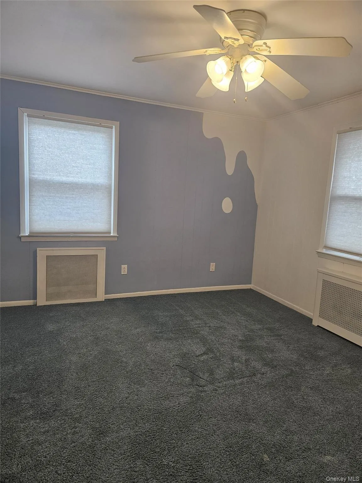 Spare room with ornamental molding, healthy amount of natural light, radiator heating unit, dark colored carpet, and ceiling fan Spare room with ornamental molding, healthy amount of natural light, radiator heating unit, dark colored carpet, and ceiling fan