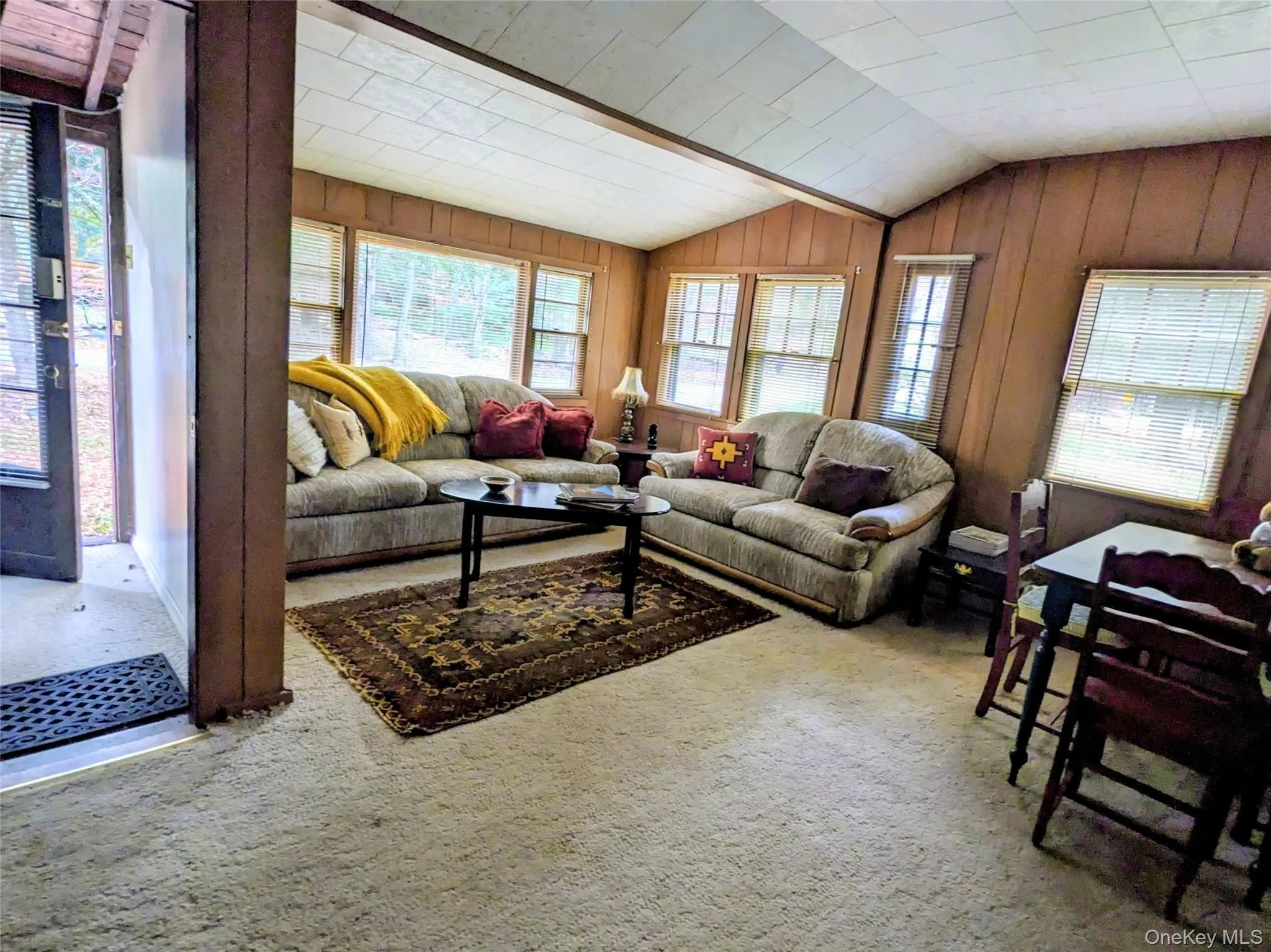 Carpeted living room featuring healthy amount of natural light, lofted ceiling, and wooden walls Carpeted living room featuring healthy amount of natural light, lofted ceiling, and wooden walls