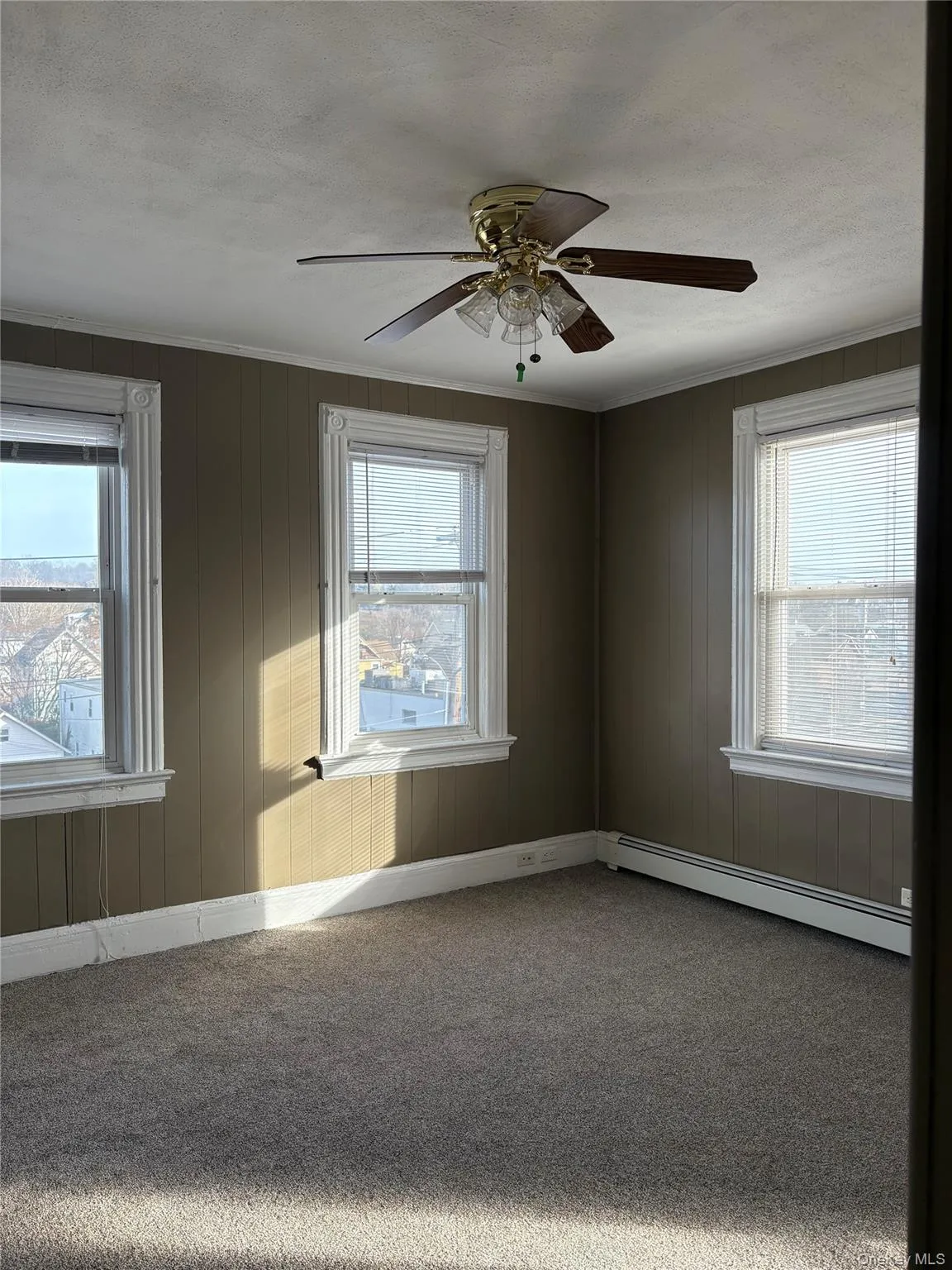 Carpeted empty room with healthy amount of natural light, a baseboard heating unit, ceiling fan, and ornamental molding Carpeted empty room with healthy amount of natural light, a baseboard heating unit, ceiling fan, and ornamental molding
