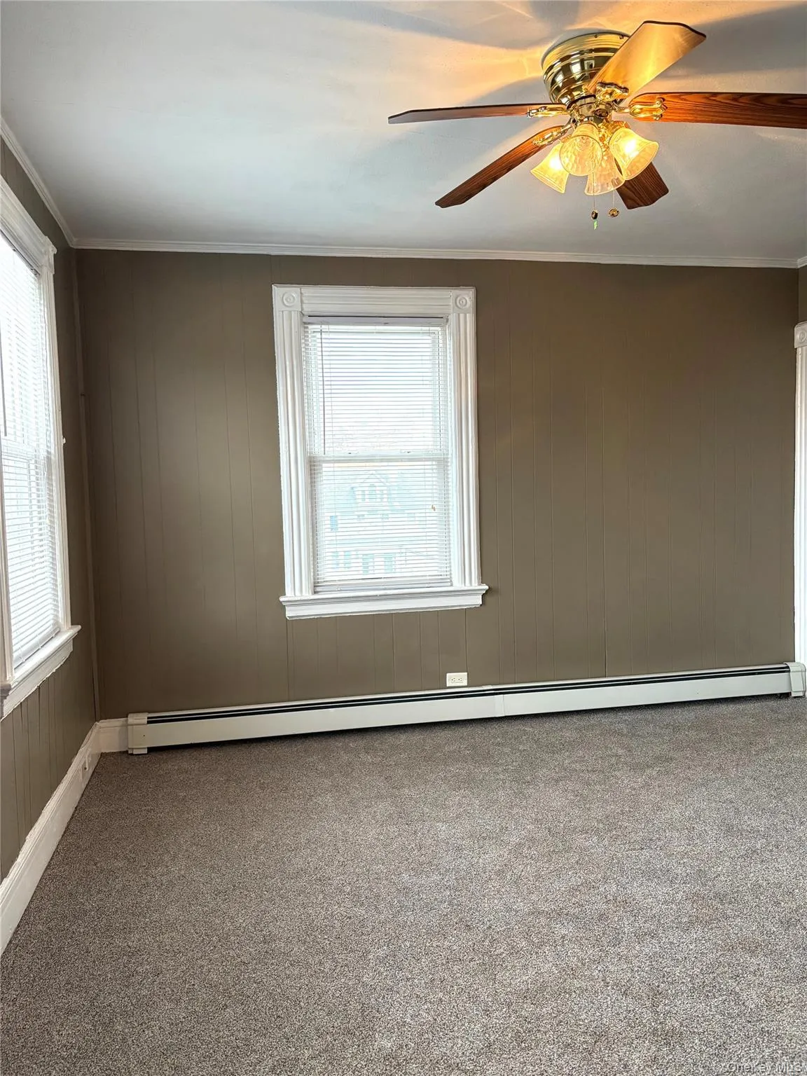 Spare room with wood walls, carpet flooring, a baseboard radiator, ornamental molding, and a ceiling fan Spare room with wood walls, carpet flooring, a baseboard radiator, ornamental molding, and a ceiling fan