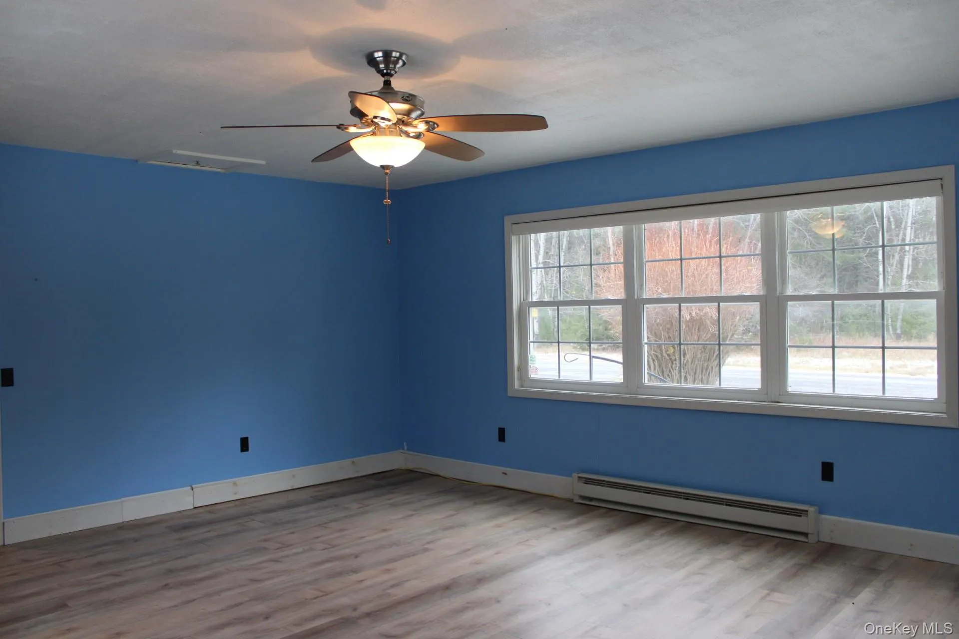 featuring a baseboard radiator, light wood-style floors, and ceiling fan featuring a baseboard radiator, light wood-style floors, and ceiling fan