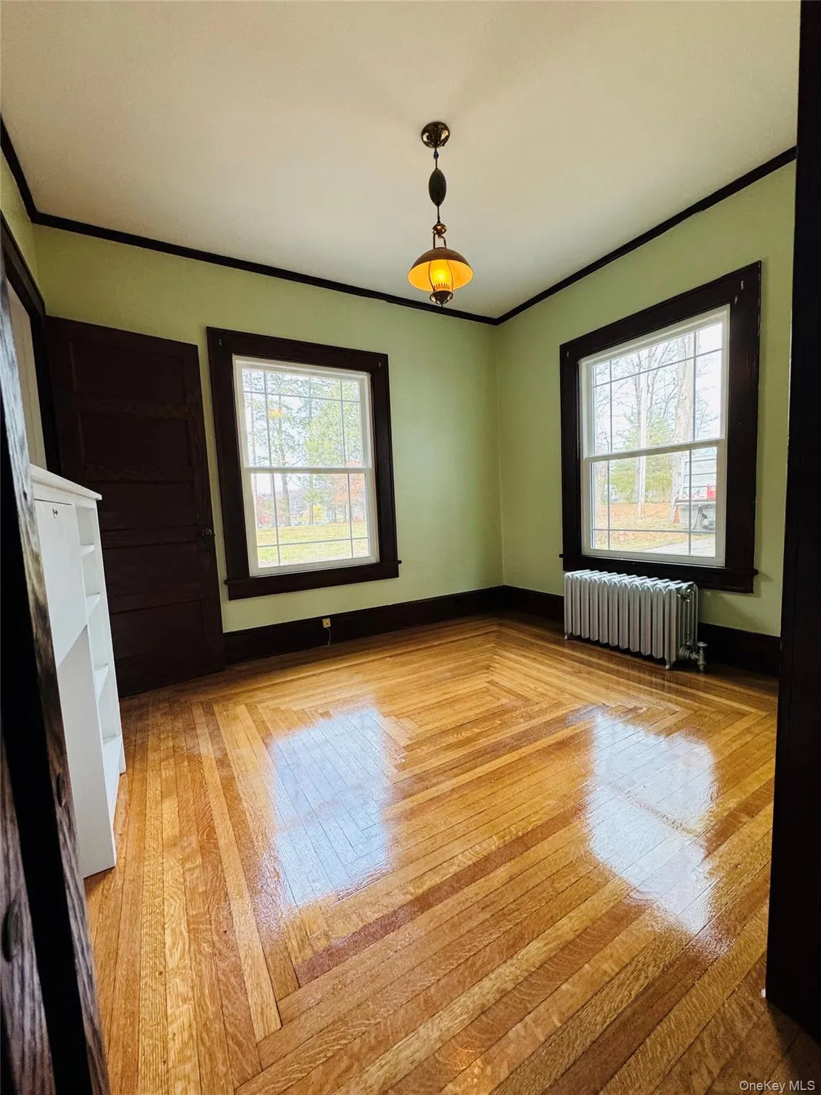 Spare room featuring light wood-style flooring, crown molding, plenty of natural light, and radiator Spare room featuring light wood-style flooring, crown molding, plenty of natural light, and radiator