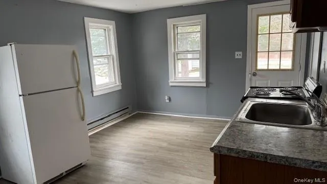 Kitchen with freestanding refrigerator, healthy amount of natural light, baseboard heating, and dark wood-type flooring Kitchen with freestanding refrigerator, healthy amount of natural light, baseboard heating, and dark wood-type flooring