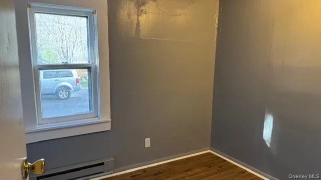 Unfurnished room featuring dark wood-type flooring, a baseboard radiator, and plenty of natural light Unfurnished room featuring dark wood-type flooring, a baseboard radiator, and plenty of natural light