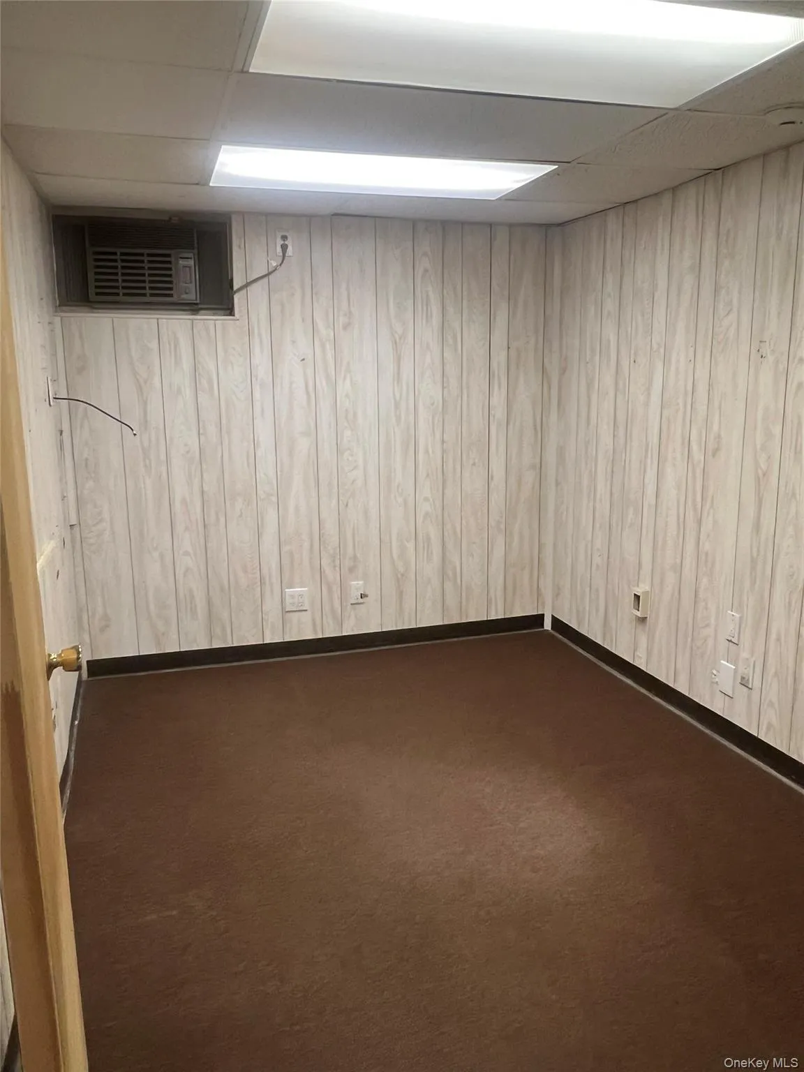 Finished basement with a paneled ceiling, wood walls, and dark colored carpet Finished basement with a paneled ceiling, wood walls, and dark colored carpet