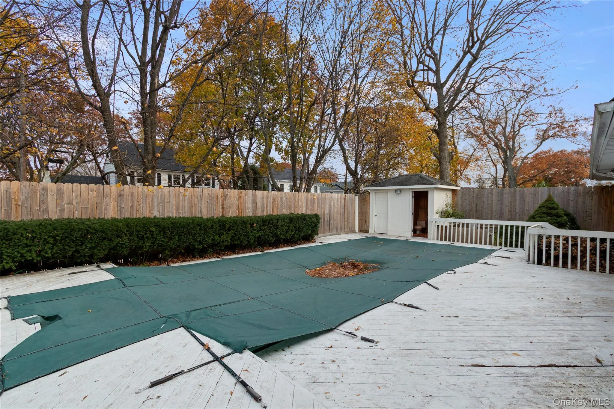 View of pool featuring a fenced backyard, a storage shed, and a deck View of pool featuring a fenced backyard, a storage shed, and a deck