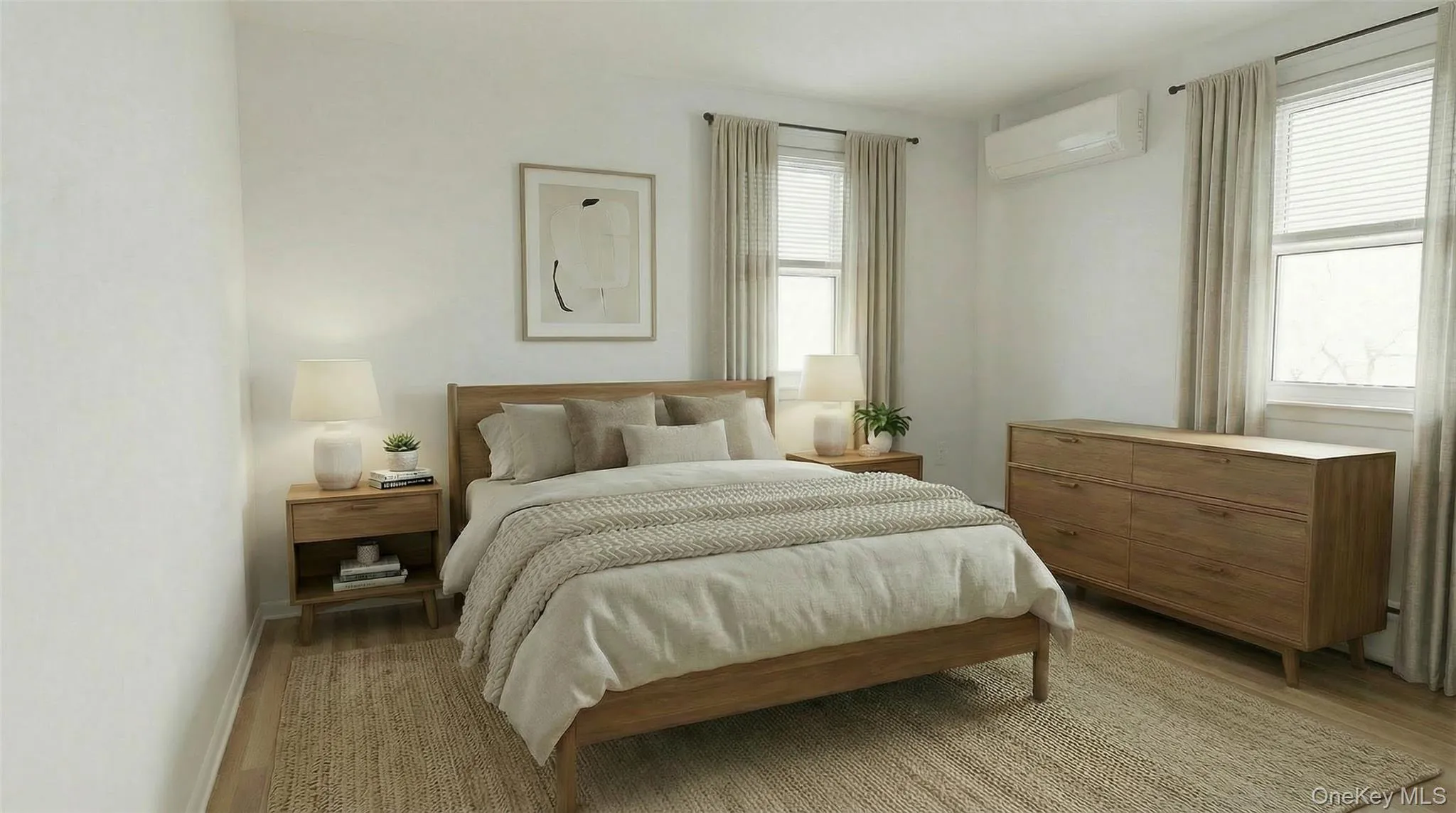 Bedroom with a wall unit AC and light wood finished floors Bedroom with a wall unit AC and light wood finished floors