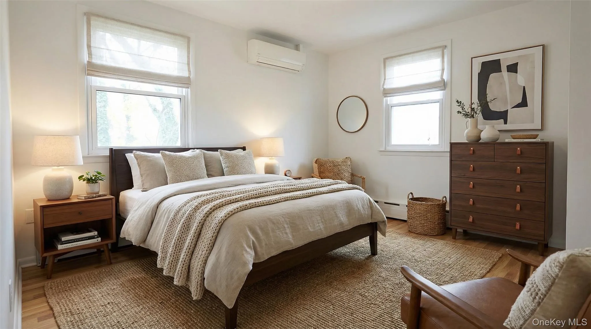 Bedroom with wood finished floors, a wall unit AC, and a baseboard heating unit Bedroom with wood finished floors, a wall unit AC, and a baseboard heating unit