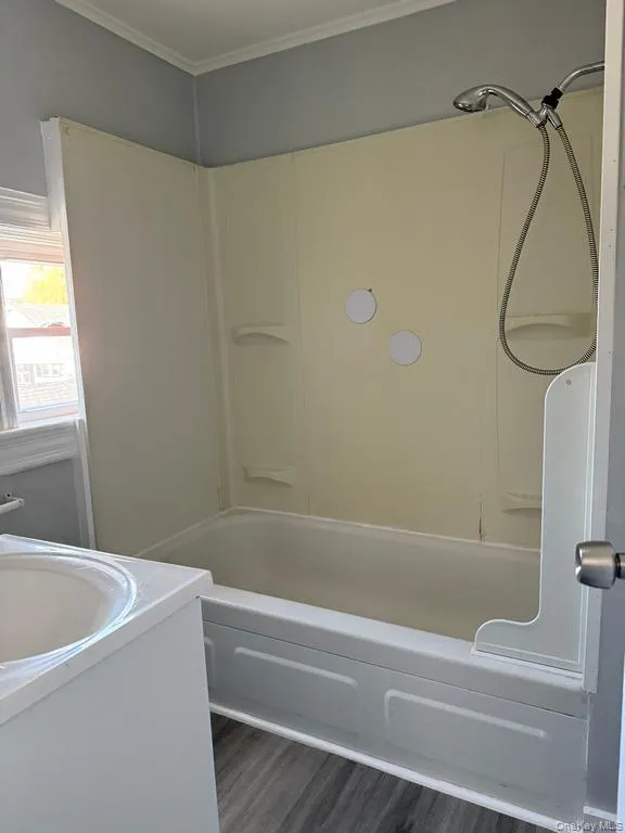 Bathroom featuring vanity, dark wood finished floors, shower / tub combination, and ornamental molding Bathroom featuring vanity, dark wood finished floors, shower / tub combination, and ornamental molding