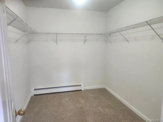 Walk in closet with carpet flooring and a baseboard heating unit Walk in closet with carpet flooring and a baseboard heating unit