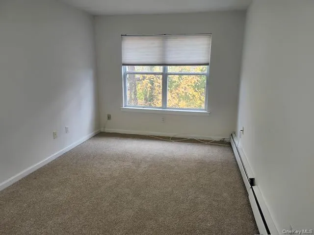 Carpeted spare room featuring a baseboard radiator and baseboards Carpeted spare room featuring a baseboard radiator and baseboards