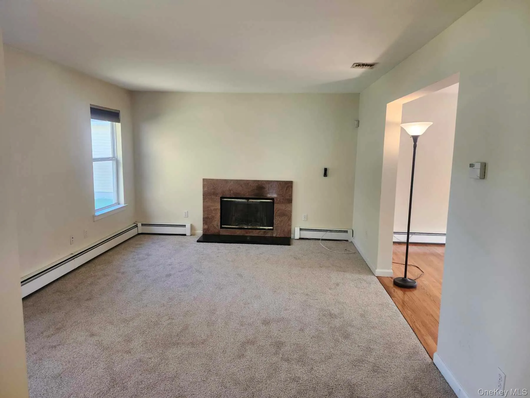 Unfurnished living room featuring a fireplace, carpet, and a baseboard radiator Unfurnished living room featuring a fireplace, carpet, and a baseboard radiator