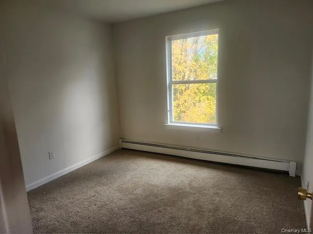 Empty room featuring baseboard heating and carpet flooring Empty room featuring baseboard heating and carpet flooring