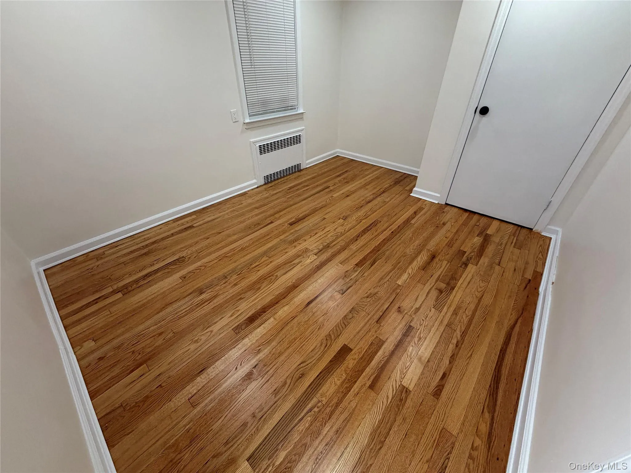 Unfurnished bedroom featuring light wood-style floors, radiator, and a closet Unfurnished bedroom featuring light wood-style floors, radiator, and a closet