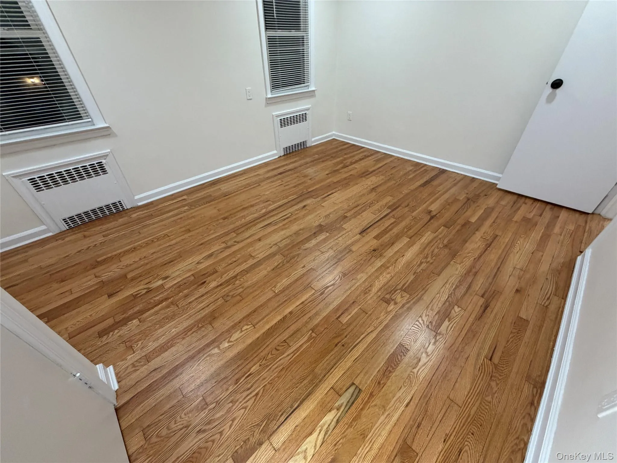 Unfurnished room with light wood finished floors and radiator Unfurnished room with light wood finished floors and radiator