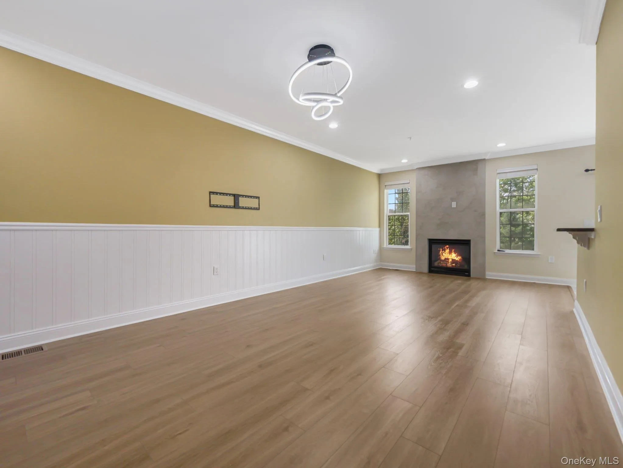 Unfurnished living room featuring crown molding, wood finished floors, recessed lighting, a fireplace, and wainscoting Unfurnished living room featuring crown molding, wood finished floors, recessed lighting, a fireplace, and wainscoting