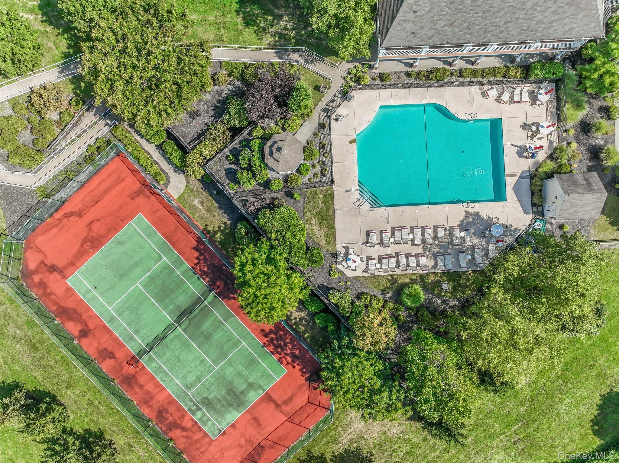 Aerial view of a pool area Aerial view of a pool area