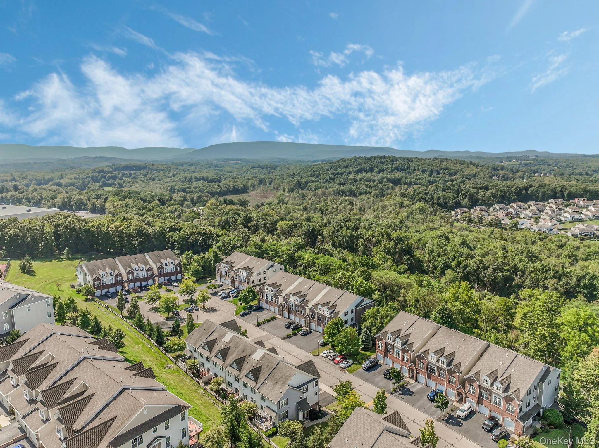 Aerial perspective of suburban area with a forest and a mountainous background Aerial perspective of suburban area with a forest and a mountainous background