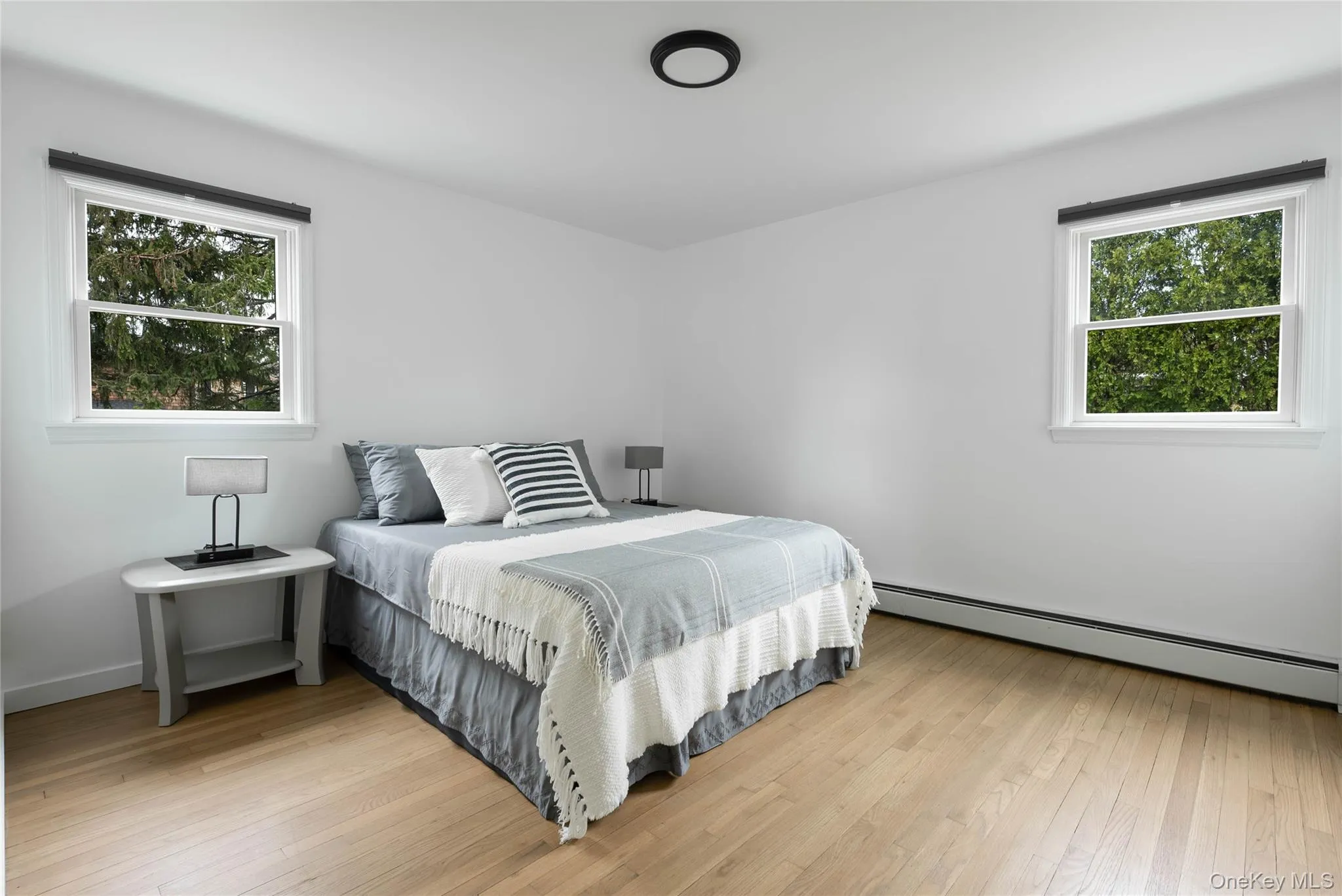 Bedroom featuring baseboard heating and light wood-style floors Bedroom featuring baseboard heating and light wood-style floors