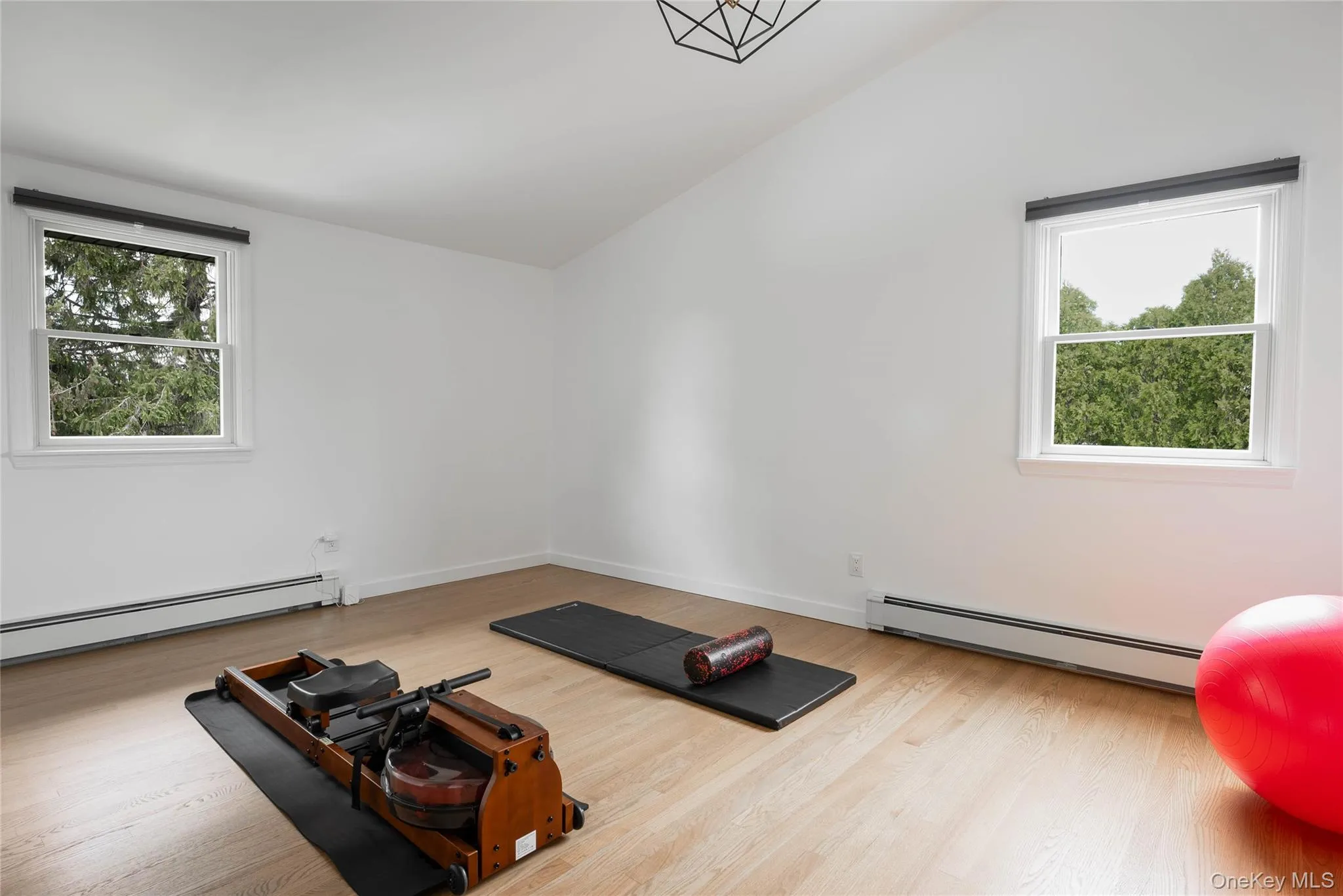 Workout area with plenty of natural light, a baseboard heating unit, wood finished floors, and vaulted ceiling Workout area with plenty of natural light, a baseboard heating unit, wood finished floors, and vaulted ceiling