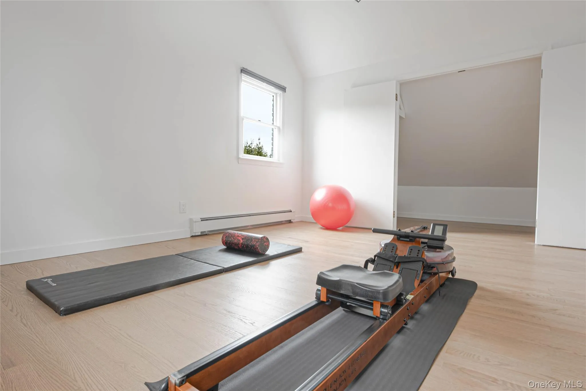 Workout room with lofted ceiling and a baseboard heating unit Workout room with lofted ceiling and a baseboard heating unit