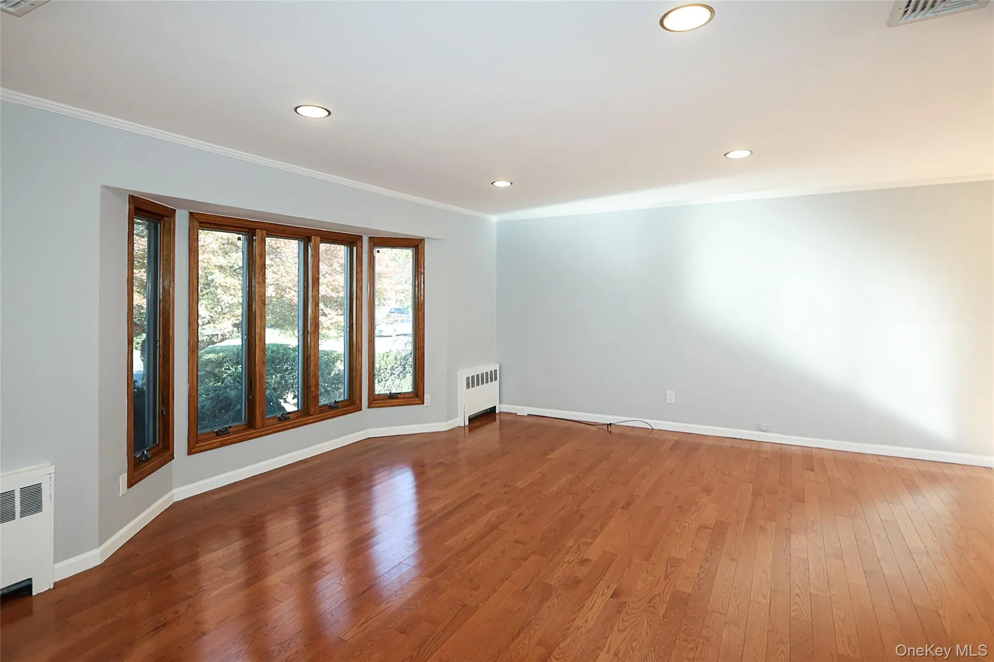 Spare room with radiator, wood-type flooring, crown molding, and recessed lighting Spare room with radiator, wood-type flooring, crown molding, and recessed lighting