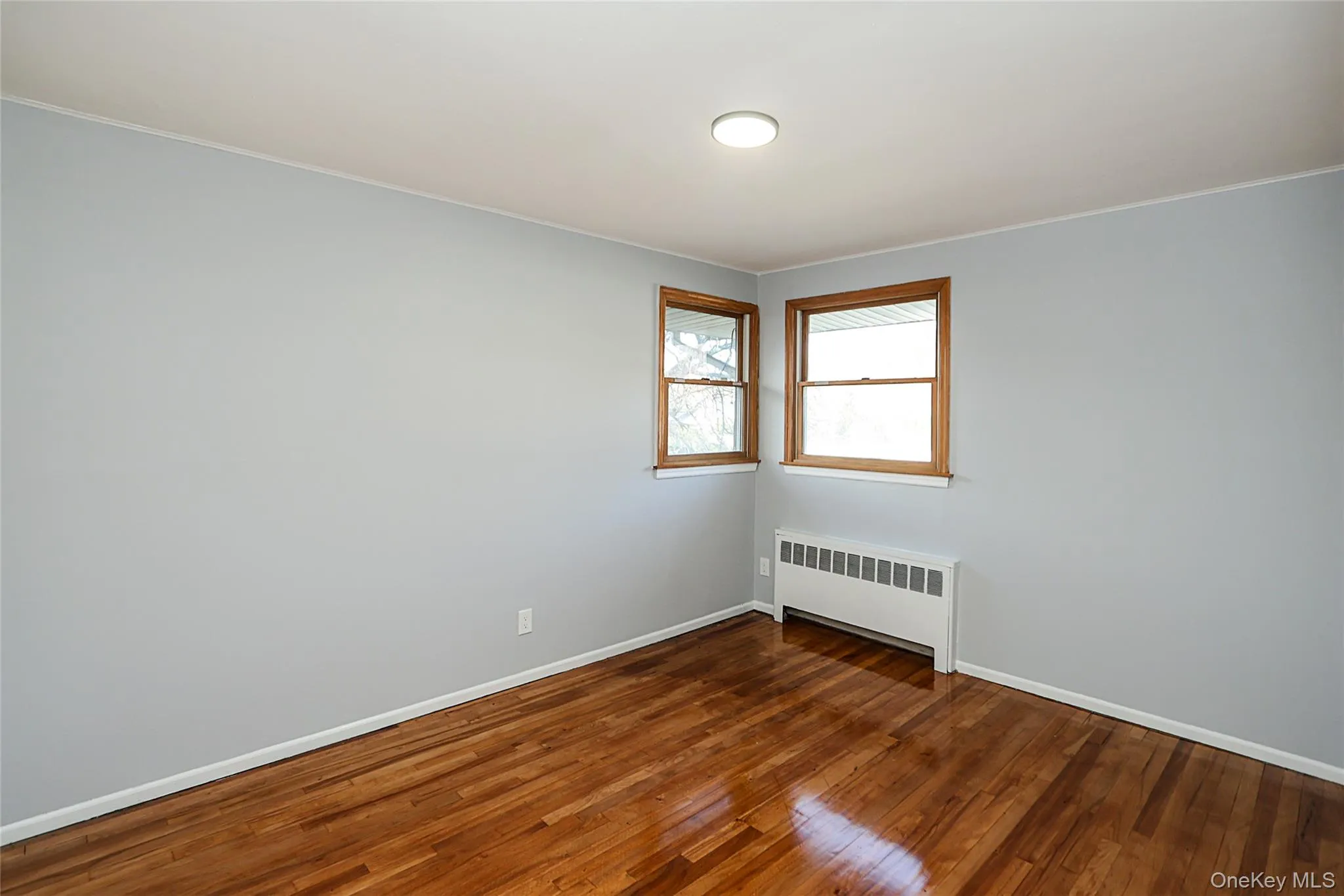 Spare room featuring radiator, dark wood-type flooring, and crown molding Spare room featuring radiator, dark wood-type flooring, and crown molding