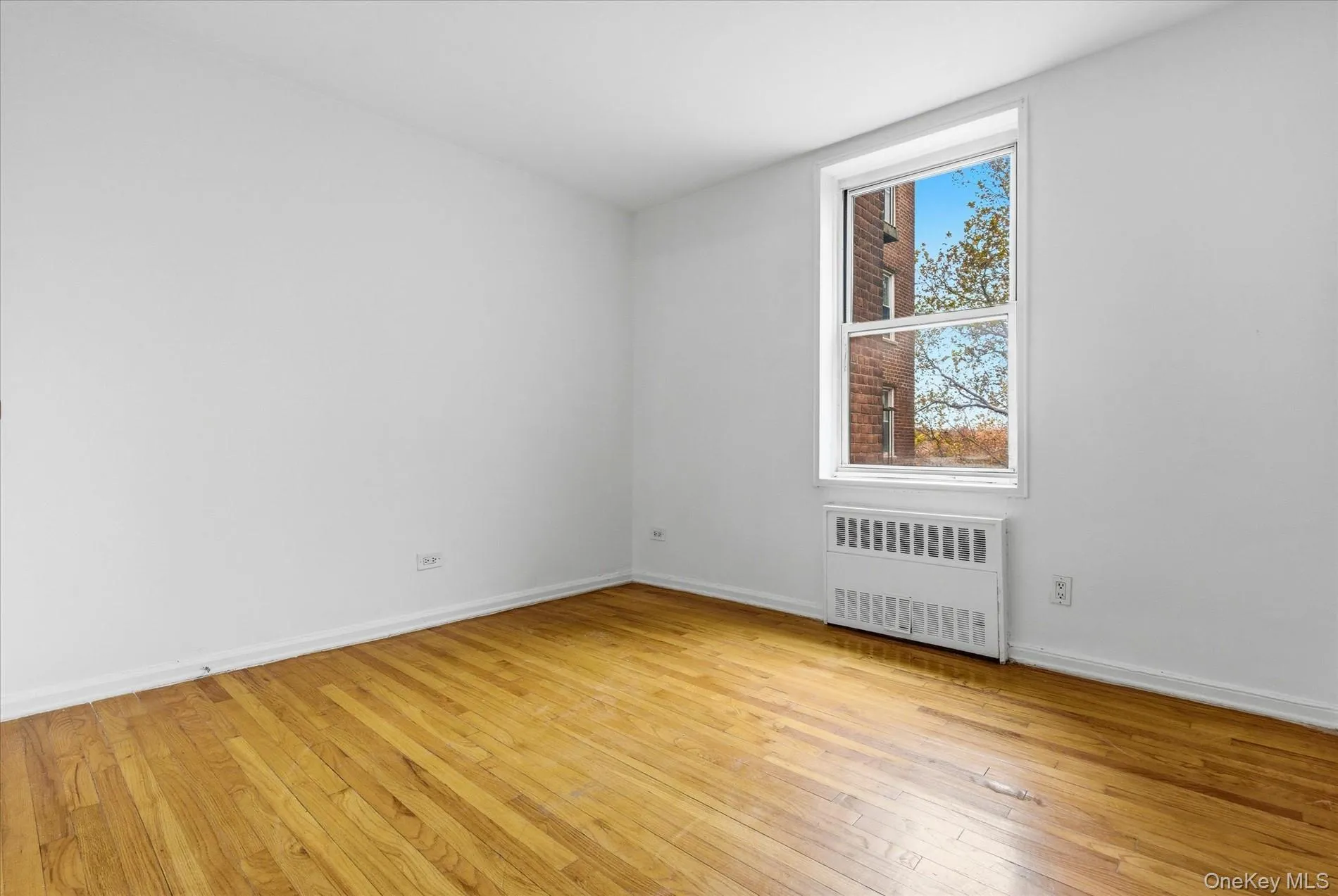 Spare room featuring radiator heating unit and light wood-style floors Spare room featuring radiator heating unit and light wood-style floors