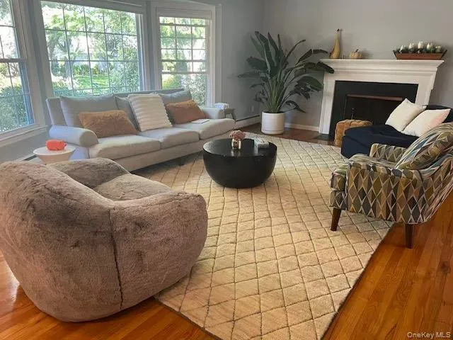 Living room with light wood finished floors, a fireplace, and a baseboard radiator Living room with light wood finished floors, a fireplace, and a baseboard radiator