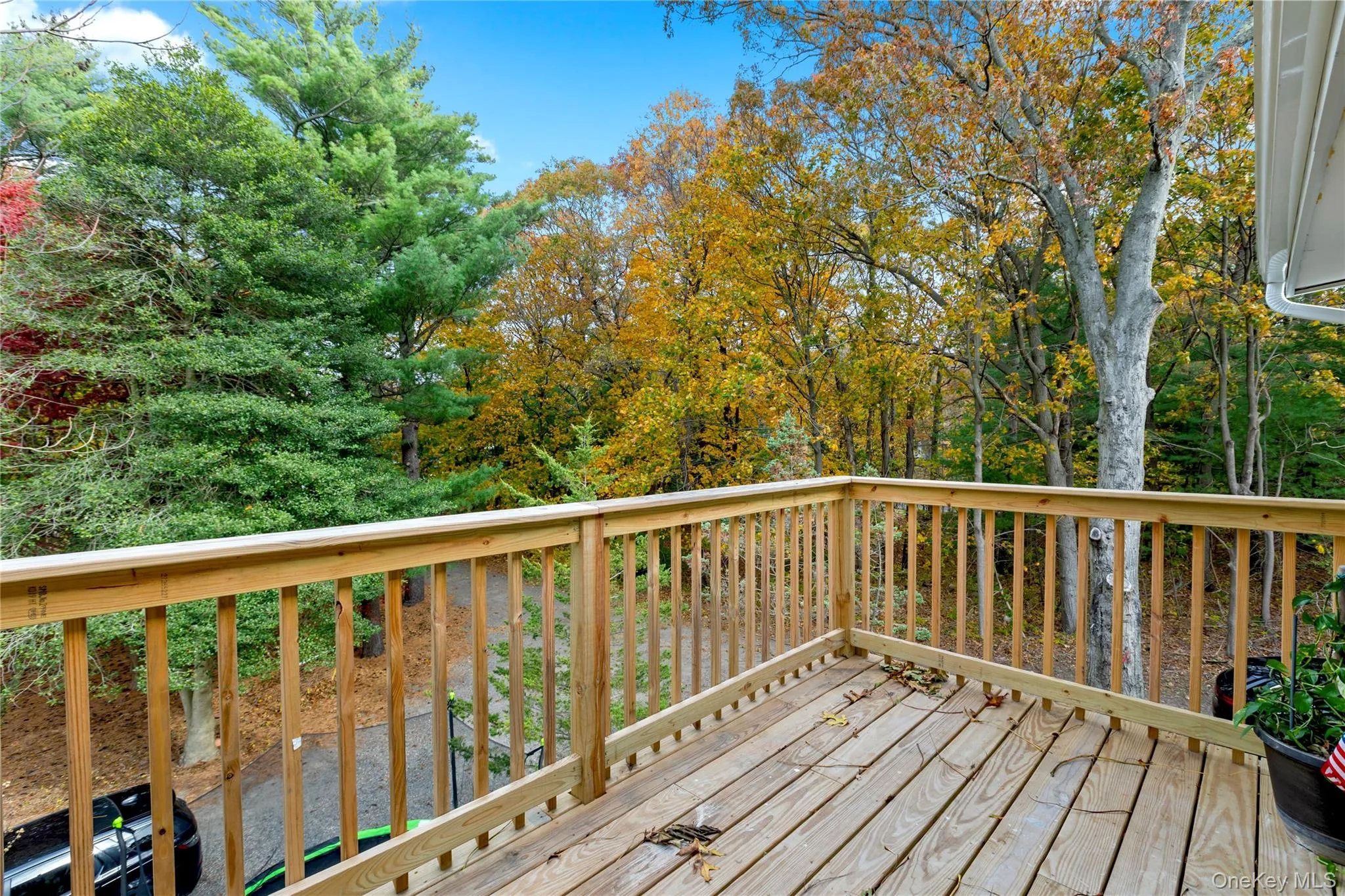 Wooden deck featuring view of wooded area Wooden deck featuring view of wooded area